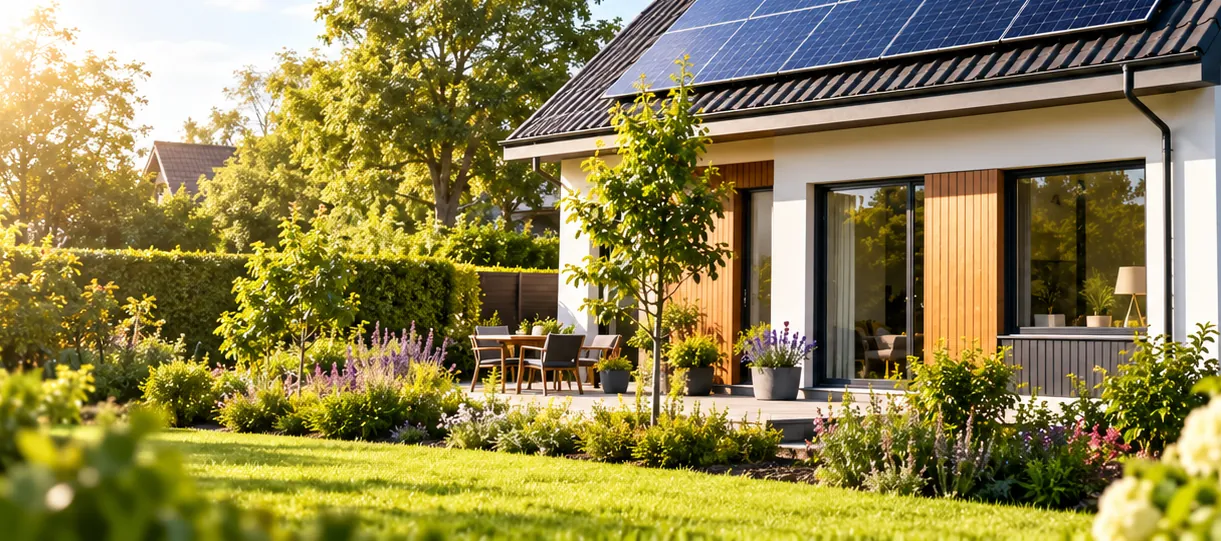 Moderne woning met zonnepanelen op het dak